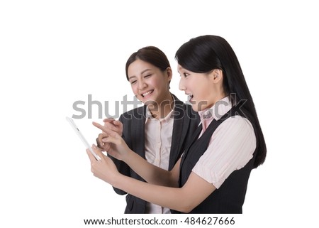 Asian business woman holding pad, closeup portrait on white background.