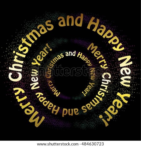 Vector illustration of Glowing sparkles and gold text on a black background. Merry Christmas and Happy New Year!