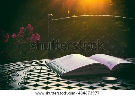 Open book at sunset. Toned image, selective focus
