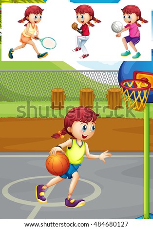 Girl playing different types of sports illustration