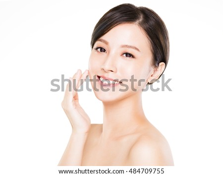 closeup   young  woman smiling face with clean  skin Royalty-Free Stock Photo #484709755