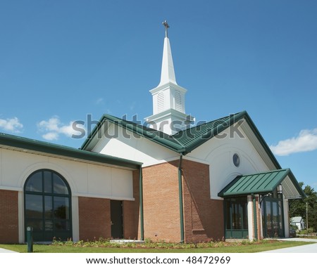 Exterior of modern American church with contemporary architecture Royalty-Free Stock Photo #48472969