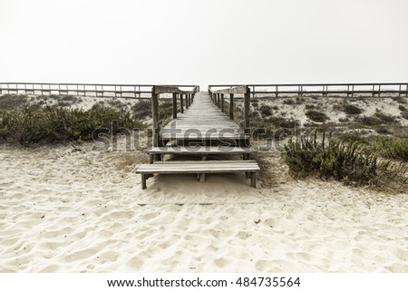 Wooden walkway to the beach, walk detail for people, summer and heat