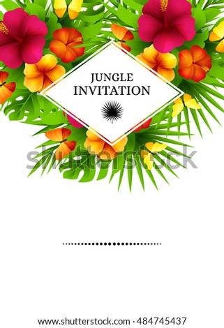 Tropical hawaiian background with jungle palm tree leaves, exotic flowers and butterflies. Vertical vector  invitation banners with hibiscus floral decorations and copy space
