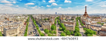 Beautiful panoramic view of Paris from the roof of the Triumphal Arch. Champs Elysees and the Eiffel Tower. Royalty-Free Stock Photo #484760893
