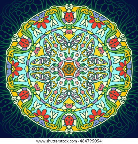Colorful Spring Season Mandala Illustration. Contain: flowers, snowdrop, ladybug, butterfly, leaves.