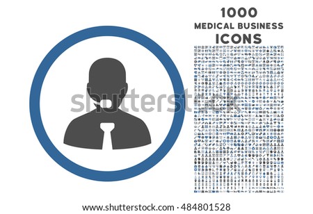 Call Center Operator rounded vector bicolor icon with 1000 medical business icons. Set style is flat pictograms, cobalt and gray colors, white background.