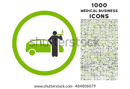 Smoking Taxi Driver rounded vector bicolor icon with 1000 medical business icons. Set style is flat pictograms, eco green and gray colors, white background.