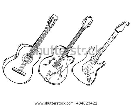 Collection of stylized guitar. Set of musical instruments. Electric guitar. Line art. Drawing by hand. Graphic arts. Doodle. Tattoo. Clipart.
