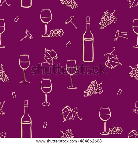 Seamless vector pattern with freehand drawings of wine glasses, grapes, bottle, corkscrew, cork, and vine leaf with tendril, light yellow on purple background
