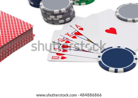 Poker, royal flush and gambling chips