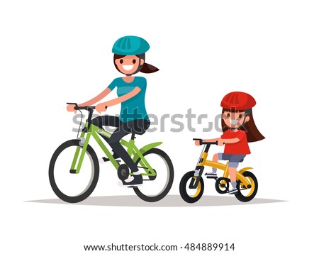 Cycling. Mother and daughter are riding bikes. Vector illustration of a flat design