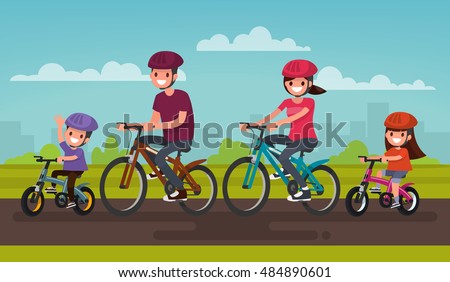 Active family vacation. Father mother, son and daughter are riding on bicycles in the park. Vector illustration of a flat design
