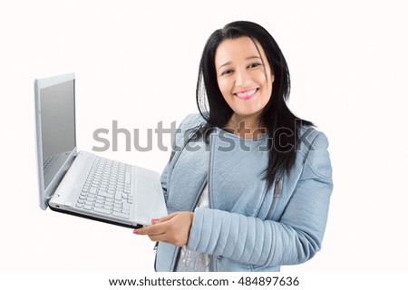 woman excited about her successful search on the net with her laptop on white background