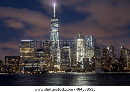 New York City downtown buildings skyline evening