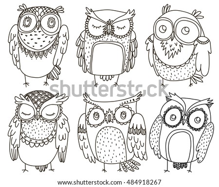 Set of six doodle cute owls. Hand drawn vector illustration with cute little birds.