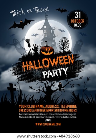 Halloween vertical background with pumpkin, haunted house and full moon. Flyer or invitation template for Halloween party. Vector illustration. Royalty-Free Stock Photo #484918660