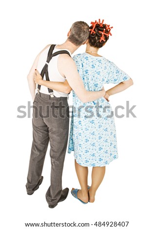 Funny family couple embracing and looking up isolated on white