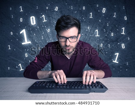A funny hacker working hard on online passcode scanning and solving passwords with 0 1 numbers illustration in background concept