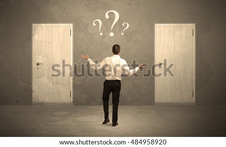 Salesman standing in front of two doors, unable to make the right decision concept with question marks above his head