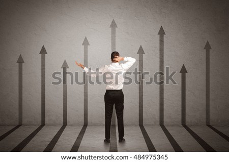 Sales person in doubt looking at arrows pointing up on the wall concept