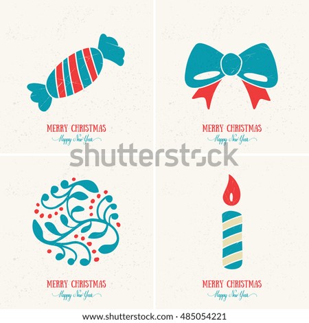 Merry Christmas card decoration. Happy New Year icon element design. Candy, bow, ribbon, ornament, striped candle. Character, symbol template for winter holiday sale and shopping. Vector set