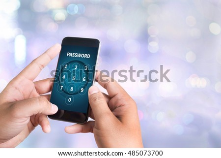 PASSWORD person holding a smartphone on blurred cityscape background