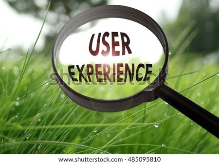 Magnifying glass with the word user experience on grass background. Selective focus