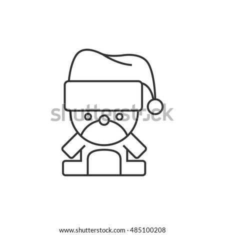 Teddy bear icon in thin outline style. Christmas celebration gift, Santa hat
