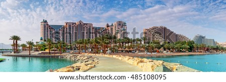 Panoramic view on the central public beach of Eilat - famous resort city in Israel Royalty-Free Stock Photo #485108095