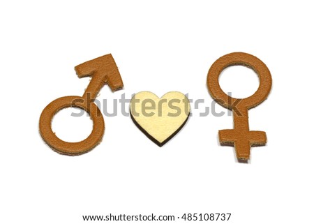 Men and Female with love abstract symbol made of leather isolated on white background