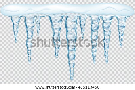 Hanging translucent icicles with snow in blue colors on transparent background. Transparency only in vector file Royalty-Free Stock Photo #485113450