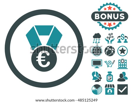 Euro Champion Medal icon with bonus symbols. Vector illustration style is flat iconic bicolor symbols, soft blue colors, white background.