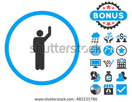 Hitchhike icon with bonus elements. Vector illustration style is flat iconic bicolor symbols, blue and gray colors, white background.