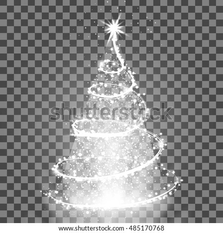 Illumination Lights Shiny Christmas tree Isolated on Transparent Background. White tree as symbol of Happy New Year, Merry Christmas holiday celebration. Bright light decoration design. Vector. Royalty-Free Stock Photo #485170768
