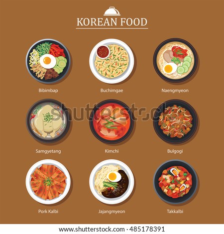 Set of korean food flat design. Asia street food illustration background. Royalty-Free Stock Photo #485178391