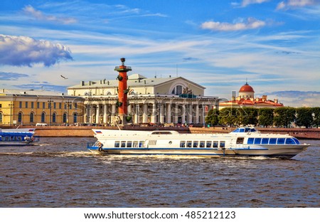 Old Saint Petersburg stock exchange and Rostral column. Saint Petersburg, Russia.