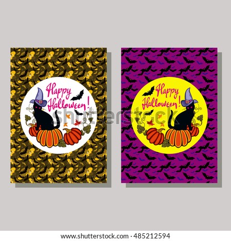 Halloween greeting card. Black cat in witch hat, pumpkin and hand drawn text "Happy Halloween!". Vector clip art.