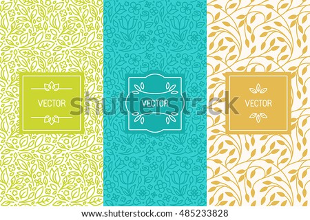 Vector set of packaging design templates, seamless patterns and frames with copy space for text for cosmetics, beauty products, organic and healthy food with green leaves - modern ornaments  Royalty-Free Stock Photo #485233828
