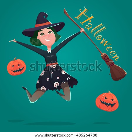 Witch is jumping with a broom and pumpkin. Cartoon character. Vector illustration