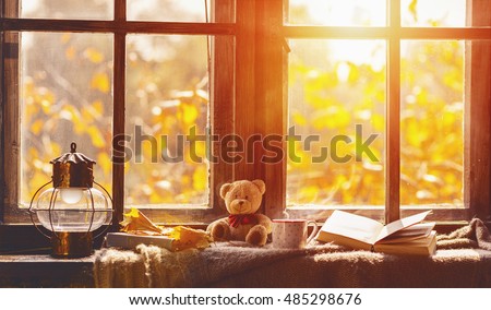 fall. cozy window with autumn leaves, a book, a mug of tea Royalty-Free Stock Photo #485298676