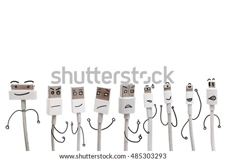 Various USB cable ports with funny cartoon character face, isolated on white background
