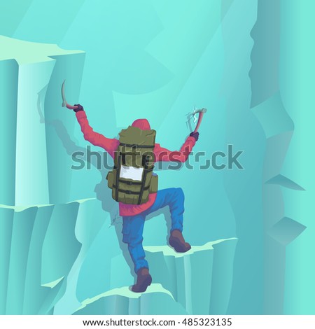 Vector illustration of a mountaineer climbing to the top of a winter slope slope. EPS10