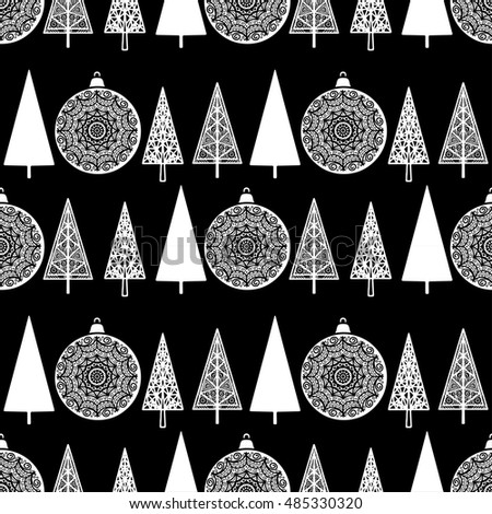 Holiday Christmas greeting seamless pattern. New year vintage background texture. Trees, balls. Wallpaper. Vector design