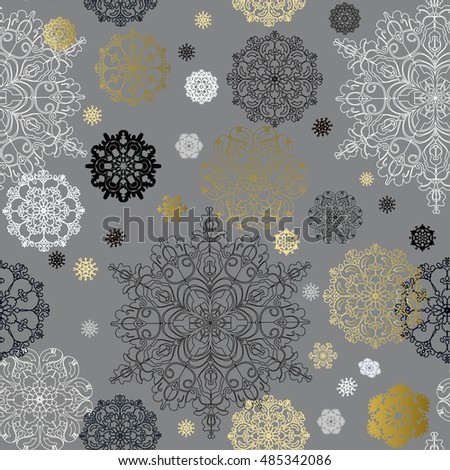Seamless snowflake winter pattern with golden and white snowflake on gray background Holiday dark winter  snowflake background. Vector illustration. Seamless snowflake background.