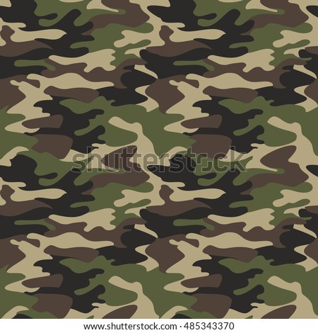 Camouflage pattern background seamless vector illustration. Classic clothing style masking camo repeat print. Green brown black olive colors forest texture Royalty-Free Stock Photo #485343370