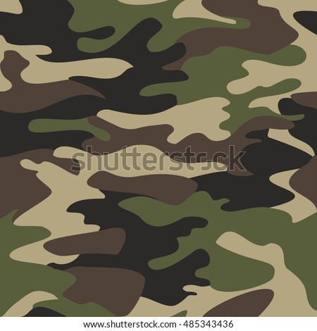 Camouflage pattern background seamless vector illustration. Classic clothing style masking camo repeat print. Green brown black olive colors forest texture Royalty-Free Stock Photo #485343436