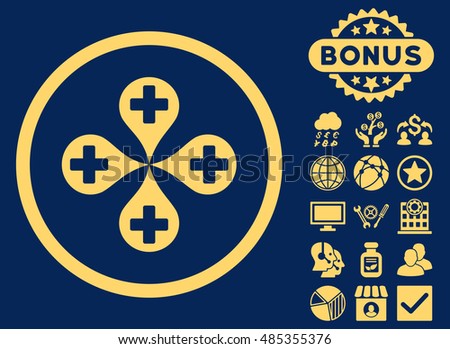 Hospital Map Markers icon with bonus images. Vector illustration style is flat iconic symbols, yellow color, blue background.