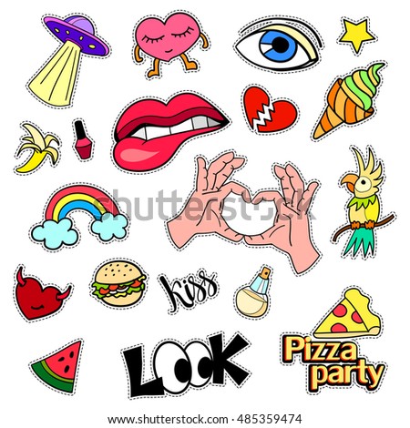 Fashion patch badges. Big set. Stickers, pins, embroidery, patches and handwritten notes collection in cartoon 80s-90s comic style. Trend. Vector illustration isolated. Vector clip art.