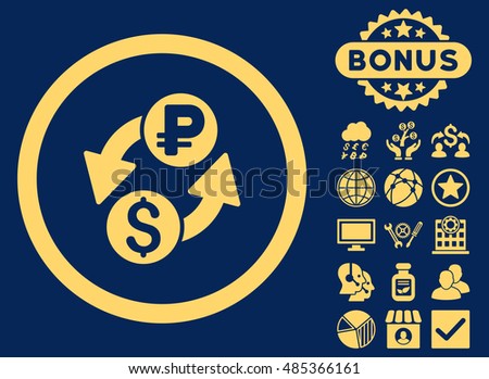 Dollar Rouble Exchange icon with bonus pictogram. Vector illustration style is flat iconic symbols, yellow color, blue background.